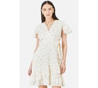 Yumi White Rose Print Wrap Over Frill Dress In Warm White Warm White