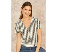Yumi Women's White Striped Cotton Jersey Lettuce Trim T-Shirt | Size: 18 Yumi White 18