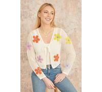 Yumi White Tie Front Cardigan With Flower Design In Ivory Ivory S
