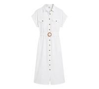 Yumi White Viscose Linen Look Midi Shirt Dress with Wooden Belt