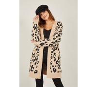 Beige Animal Print Intarsia Knit Long Cardigan Yumi Beige S/M