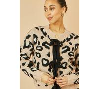 Yumi Women's Beige Animal Print Intarsia Tie Front Cardigan | Size: Small Yumi Beige S