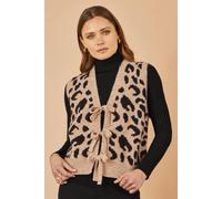 Beige Animal Print Intarsia Tie Front Waistcoat Yumi Beige L