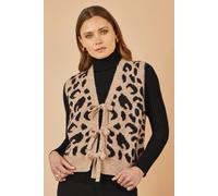 Beige Animal Print Intarsia Tie Front Waistcoat Yumi Beige S