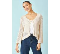 Yumi Women's Beige Tie Front Pointelle Cardigan | Size: Large Yumi Beige L