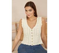 Yumi Women's Beige V Neck Button Down Crochet Knitted Top in Ivory | Size: Small Yumi Ivory S