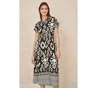 Yumi Black Abstract Geometric Print Midi Shirt Dress, Button-Up Design with Belt, 124.5cm Length (UK, Numeric, 22, Regular, Regular, Black)