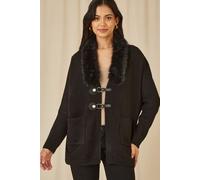 Yumi Women's Black Cardigan With Detachable Fur Collar Trim | Size: Medium/Large Yumi Black M/L