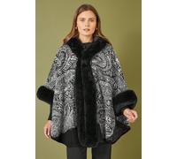 Yumi Black Faux Fur Trim Cape With Paisley Print M/L Black