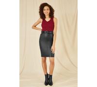 Yumi Black Faux Leather Midi Pencil Skirt with Matching Belt 14 Black