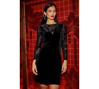 Yumi Women's Black Fitted Velvet Dress With Sheer Floral Sleeves | Size: 12