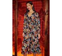 Black Floral And Foil Ruched Midi Dress With Split Hemline Yumi Black 16