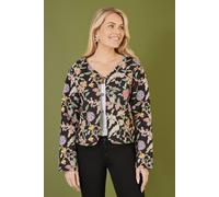 Yumi Women's Black Floral Print Reversible Cotton Cropped Quilted Jacket | Size: 14
