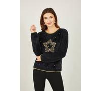 Yumi Women's Black Fluffy Star Christmas Jumper | Size: Medium Yumi Black M