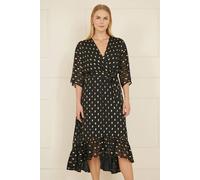 Yumi Black Foil Print Wrap Over Dip Hem Midi Dress 16 Black