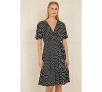 Yumi Black Geo Print Mesh Stretch Midi Skater Dress Black 12