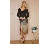 Yumi Women's Black & Gold Sequin Split Fitted Midi Skirt | Size: 16 Yumi Black 16