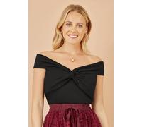 Yumi Women's Black Jersey Cotton Bardot Top With Knot Detail | Size: 14