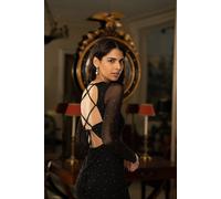 Yumi Women's Black Mesh Bodycon Midi Dress With Tie Back & Diamantes | Size: 12