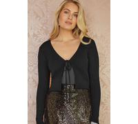 Yumi Black Metallic Knitted Ribbed Tie Front Bolero M Black