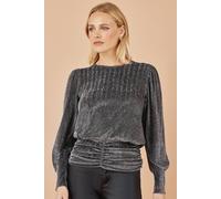 Yumi Women's Black Metallic Stretch Ruched Hem Top | Size: 14 Yumi Black 14