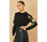 Yumi Women's Black Relaxed Fit Jumper With Sequin Star Sleeves | Size: Large Yumi Black L