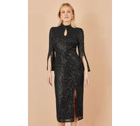 Yumi Women's Black Sequin Fitted Midi Dress With Flute Sleeves | Size: 8 Yumi Black 8