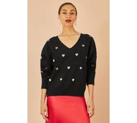 Yumi Women's Black Sequin Heart V Neck Jumper | Size: Medium/Large Yumi Black M/L