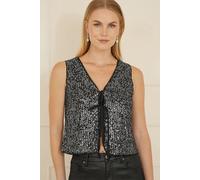 Yumi Women's Black Sequin Tie Front Waistcoat | Size: 12 Yumi Black 12