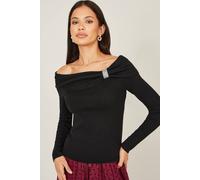 Yumi Black Sparkle Bardot Jumper with Diamante Detail (UK, Alpha, S, Regular, Regular, Black)