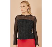 Yumi Women's Black Sparkle Print Mesh Stretch Fitted Top | Size: 8 Yumi Black 8