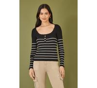 Yumi Women's Black Stripe Rib Knitted Long Sleeve Top With Button Details | Size: Small Yumi Black S