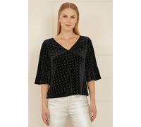 Yumi Women's Black Stud Velvet Relaxed Fit Top With Fluted Sleeves | Size: 10 Yumi Black 10