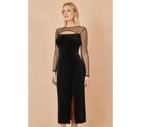 Yumi Women's Black Velvet Midi Dress With Slash Neckline & Sheer Sleeves | Size: 8 Yumi Black 8