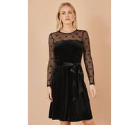 Yumi Women's Black Velvet Skater Dress With Mesh Bow Sleeves | Size: 12