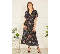 Black Viscose Bird and Floral Print Kimono Midi Dress Yumi Black 8