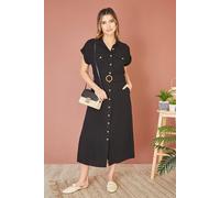 Yumi Women's Black Viscose Linen Look Midi Shirt Dress With Wooden Belt | Size: 10