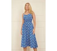 Yumi Blue Block Print Midi Sun Dress with Button Details (UK, Numeric, 12, Regular, Regular, Blue)