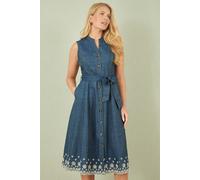 Yumi Women's Blue Chambray Cotton Midi Embroidered Shirt Dress | Size: 10 Yumi Blue 10