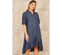 Yumi Women's Blue Chambray Denim Dip Hem Relaxed Fit Shirt Dress | Size: Small Yumi Blue S