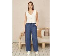 Yumi Women's Blue Chambray Relaxed Fit Wide Leg Trousers | Size: 10