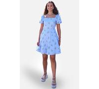 Yumi Women's Blue Cotton Floral Puff Sleeve Skater Dress in Baby Blue | Size: 16