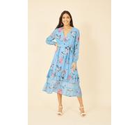 Yumi Womens Blue Crane Print Long Sleeve Wrap Midi Dress - Size 10 UK