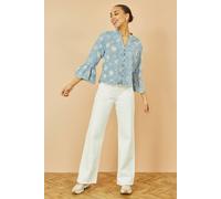 Yumi Women's Blue Daisy Broderie Shirt With Fluted Sleeves | Size: 14 Yumi Blue 14