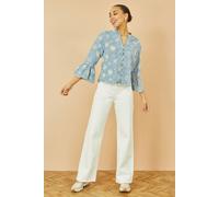 Yumi Women's Blue Daisy Broderie Shirt With Fluted Sleeves | Size: 16 Yumi Blue 16