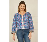 Yumi Women's Blue Floral Reversible Cotton Quilted Jacket | Size: 14 Yumi Blue 14
