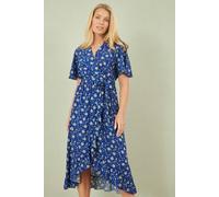 Yumi Women's Blue Floral Wrap Dress With Frill Hem | Size: 10 Yumi Blue 10