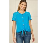 Blue Jersey Button Detail T-Shirt With Broderie Anglaise Sleeves And Tie Front Yumi Blue 20