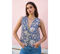 Yumi Women's Blue Leaf Reversible Cotton Quilted Waistcoat in White | Size: 8