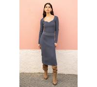 Yumi Blue Ribbed Knitted Midi Skirt Blue L